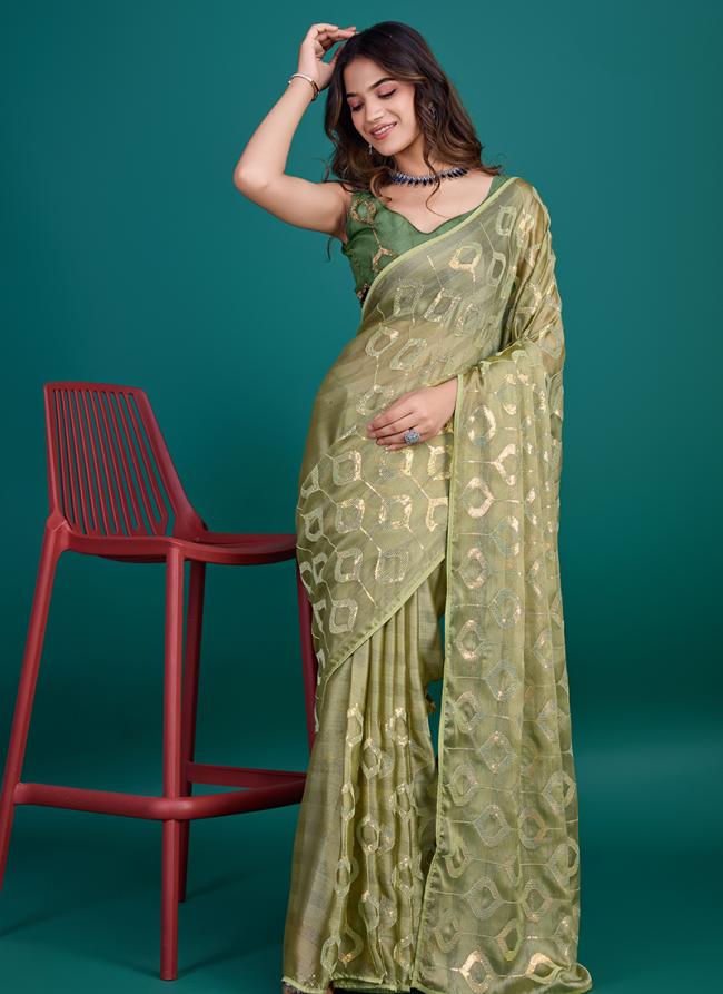 Glass Zari Green Party Wear Sequins Work Saree